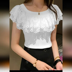 NWOT Shein White Lace Elegant Ribbed Top  Women's Size L
